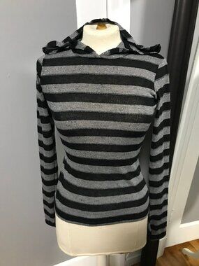 Heavy Red Y2K Goth Punk Emo Couture Noire Black Grey Striped Top Hoodie SMALL